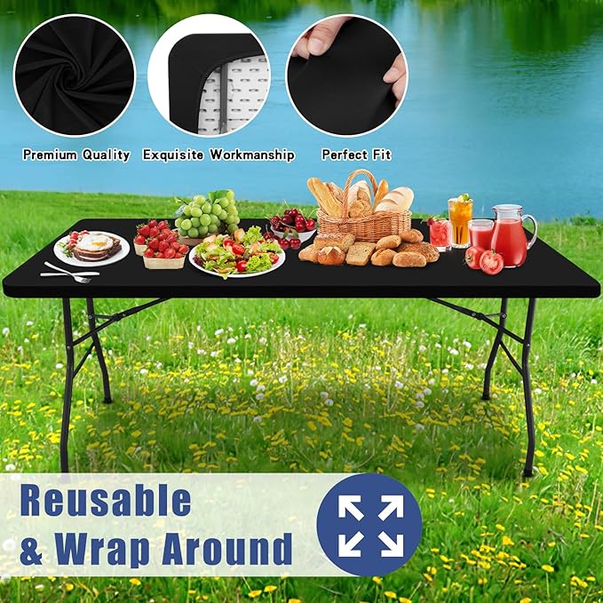 Spandex 6 Foot Rectangle Table Cloth 6 Pack, Elastic Fitted Tablecloths for Picnic, Stretch Washable Patio Table Cover for Outdoor, Camping, Banquet and Parties (Black, 30"x48")