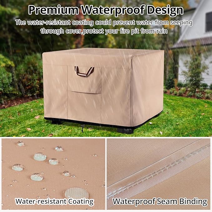 QH.HOME Fire Pit Cover Square-25-28 Inch Heavy Duty 900D Strong Tear-Resistant and UV Resistant and Waterproof and Fading Resistant Material Polyester Firepit Covers for Outdoor Fire Table-Wheat