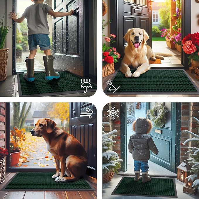 Smiry Front Door Mat Outside Entrance, Heavy Duty Natural Rubber Doormat, Non Slip, Trap Dirt and Moisture, Easy Clean, Low Profile Welcome Floor Mats for Indoor Outdoor Entry, 35x23 Inch, Black Green