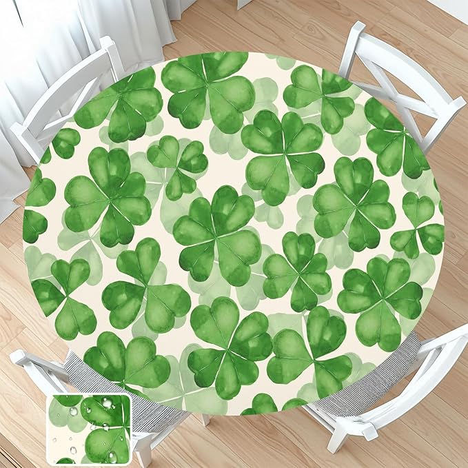 St Patricks Day Round Fitted Tablecloth with Elastic Spring Green Watercolor Shamrock Circle Table Cloth for 48-52" Tables Waterproof Washable Clover Leaf Floral Table Cover for Outdoor Picnic Dining