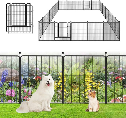 Garden Fence with Gate Metal Fencing Outdoor for Yard, 32in x50ft 22 Panels Outdoor Dog Fence Temporary Fence for Dogs Outside, Rustproof Garden Fencing Flower Bed Edging for Patio