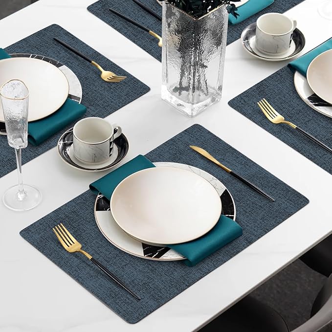 Faux Leather Heat Resistant Placemats Set of 4 – Waterproof Oilproof Wipeable Dining PU Vinyl Place Mat Easy Clean Table Mats for Kitchen/Dining/Party/Holiday, Navy Blue