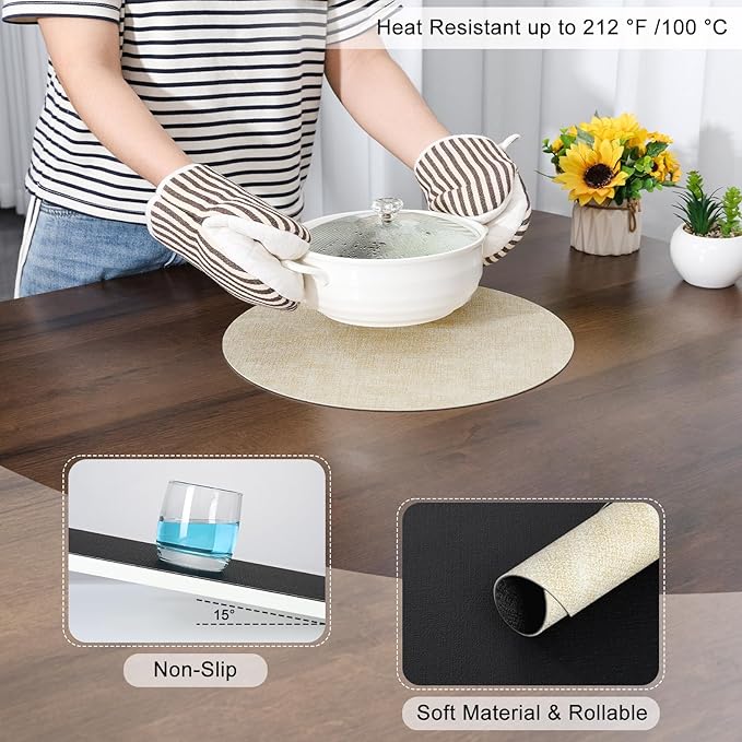 Myir JUN Round Placemats, Dual Sided Faux Leather Place Mats Set of 4 Indoor/Outdoor Non-Slip Washable Table Mats (Cream-White Black, Set of 4)