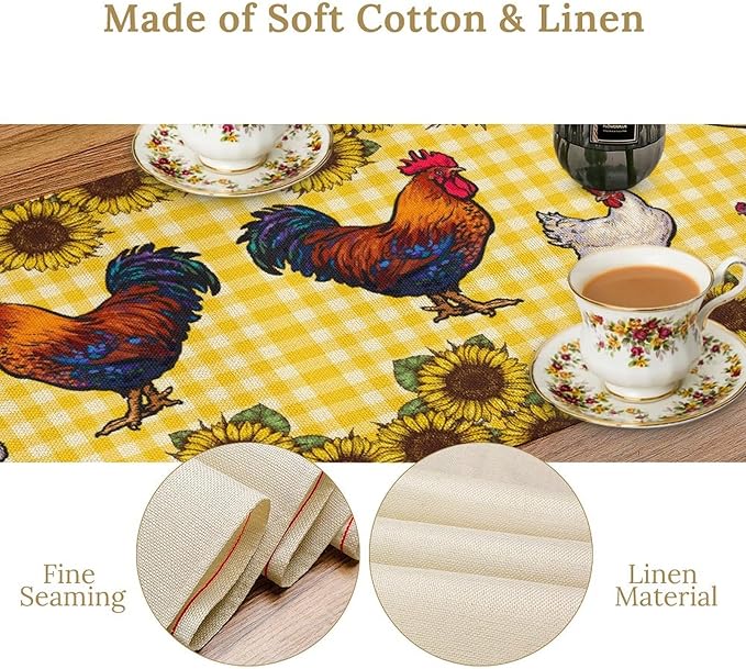 Farm Rooster Table Runner, Retro Western Farmhouse Chicken Sunflower Retro Yellow Buffalo Grid Print Table Runner for Dinning Holiday Party Indoor Outdoor Decor, 13x120inch