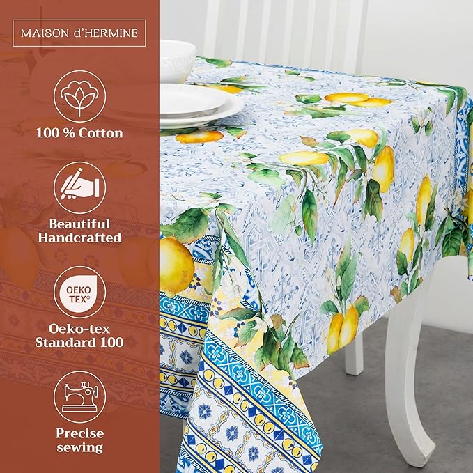 Maison d' Hermine Table Cloth Rectangle Table 100% Cotton 60 x 90 Inches Tablecloth Reusable Decorative Everyday Use for Dining Room, Farmhouse, Home, Party, Festive & Wedding Spring Summer - Citrus
