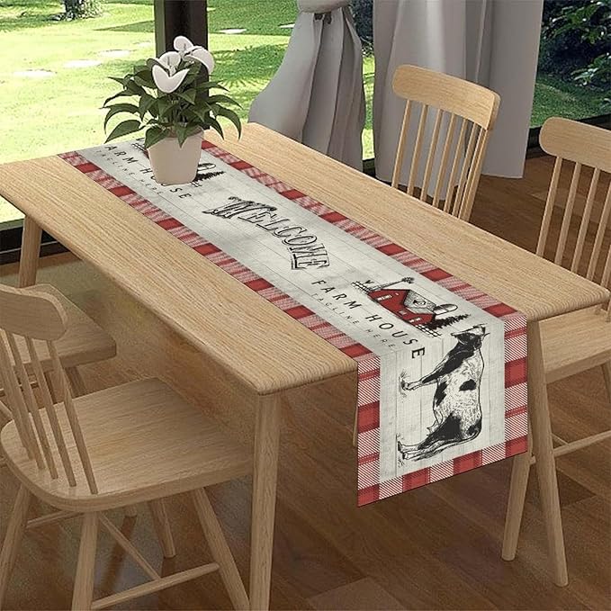 Farmhouse Cow Table Runner, Rustic Red Plaid Animals Buffalo Coffee Table Center Decor for Family Kitchen Dining Room and Living Room Outdoor Country Holiday Party Table Decorations, 13" X 36"