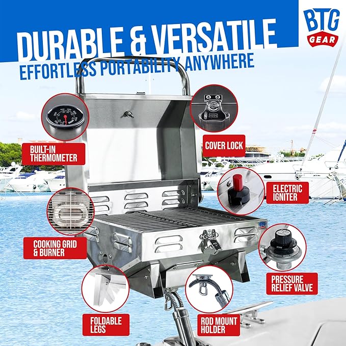 Tailwaves Marine Grill w/Rod Holder Mount | Stainless Steel | Propane BBQ for Boats & Tailgating & Camping | Built in Thermometer | Portable | Fold-away legs
