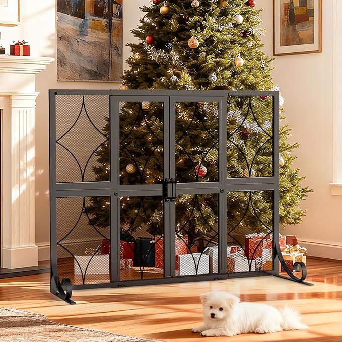 Fireplace Screen with Sliding Doors, 35" W x 28" H H Modern Wrought Iron Fire Spark Guard Cover for Christmas Decorative, Baby and Pet Proof, Small