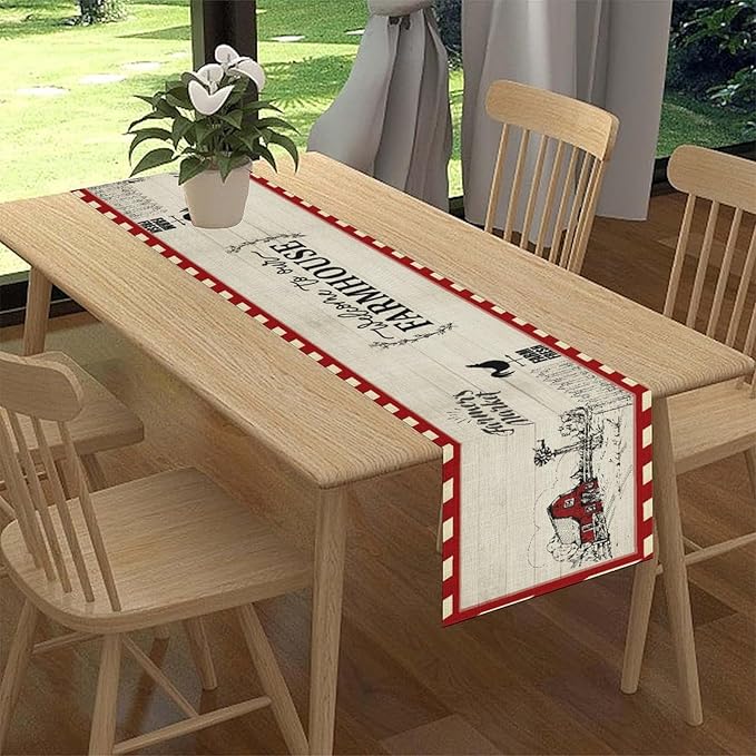 Farmhouse Table Runner, Rustic Country Barn Cottage Rooster Check Animal Plank Coffee Table Center Decor for Home Kitchen Dining Patio Holiday Party Indoor Outdoor Table Decorations 13"x72"