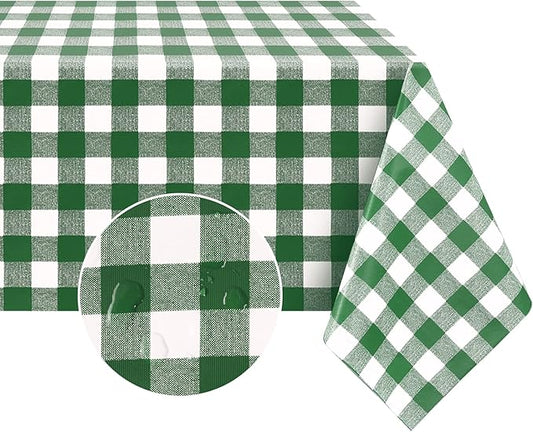 Romanstile Rectangle Vinyl Tablecloth, 100% Waterproof Buffalo Gingham Plastic Table Cloth, Heavy Duty Wipeable Checkered Table Covers for Outdoor, Camping, Picnic, Patio - 54 x 120, Green and White