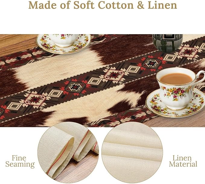Cowhide Table Runner, Brown Cow Western Exotic Aztec Wild Animals Skin Table Runner for Kitchen Farmhouse Dining Home Outdoor Party 13x90in