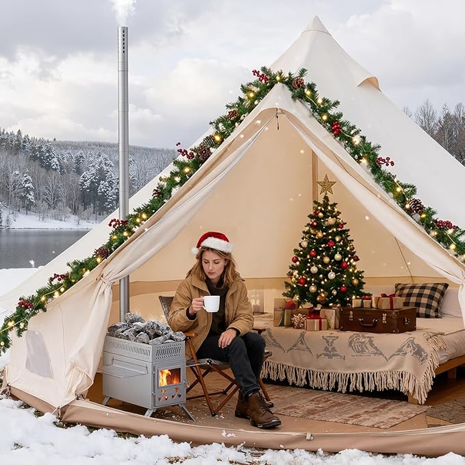 Sauna Hot Tent Stove, Rocket Camping Wood Burning Stove with 8 Stainless Chimney Pipes, Portable Folding Wood Stove for Tent, Outdoor Heating, Cooking, Ice Fishing, Hunting