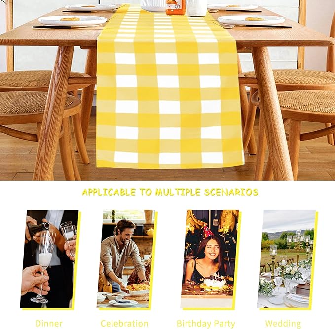 Fabric Checkered Table Runner 6 Pack Waterproof Gingham Table Runner 14W x 108L Buffalo Check Table Runners for Parties Kitchen Dining Wedding Banquet (Yellow and White)