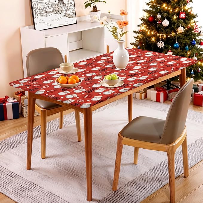 Rectangle Table Cloth Cover Waterproof Elastic Fitted Polyester Fitted Tablecloths for 8 Foot Tables for Indoor,Picnic, Camping, Outdoor （96" x 30"，Christmas Tablecloth）
