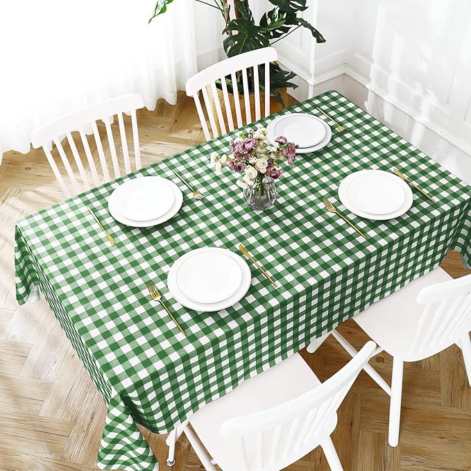 Romanstile Rectangle Vinyl Tablecloth, 100% Waterproof Buffalo Gingham Plastic Table Cloth, Heavy Duty Wipeable Checkered Table Covers for Outdoor, Camping, Picnic, Patio - 52 x 70, Green and White