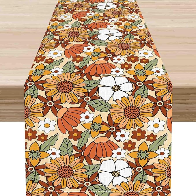 70s Floral Table Runner, Retro Groovy Hippie Oange Floral Funky Daisy Trippy Coffee Table Center Decor for Home Kitchen Dining Patio Holiday Party Indoor Outdoor Table Decorations, 13"x90" Inch