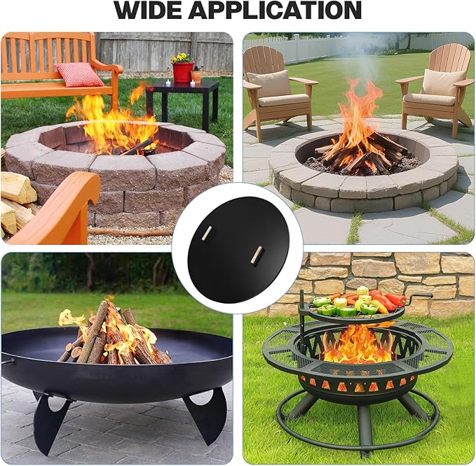 Fire Pit Lid Cover Round - 38" Rust Resistant Powder Coated Steel Firepit Cover or Table with 2 Wooden Handles for Patio Fire Pit, Weatherproof for All Seasons, Fits Fire Pits Up to 36"