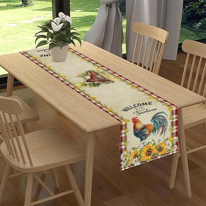 Rooster Table Runner, Farmhouse Red Plaid Sunflower Floral Chicken Farm Cow Pig Rustic Coffee Table Center Decor for Family Kitchen and Dining Room Outdoor Country Party Table Decorations, 13"x72"