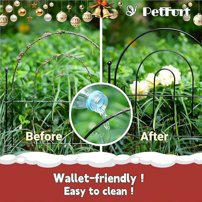 Garden Fence Panels, 17 in (High) x 12.6 ft (Long) Flower Bed Fencing for Small Animal Barrier, 10 Pcs Metal Decorative Fences Border with Hooks