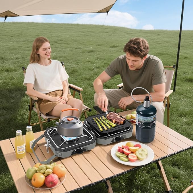 2 Burner Propane Camping Stove With Grill,Portable Foldable Camp Stove With 17000BTU, Two Piezo Ignition Adjustable Windproof Burners forCamping, Grilling, Tailgating, & More (Green)