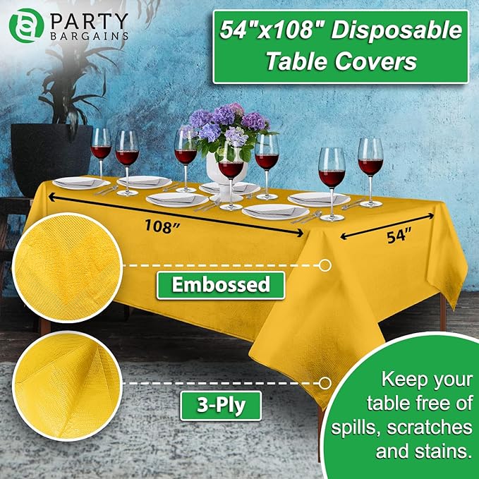 PARTY BARGAINS 1 Disposable Table Covers - 54" X 108" Yellow Table Cover, 3 Ply Paper & Plastic Tablecloth