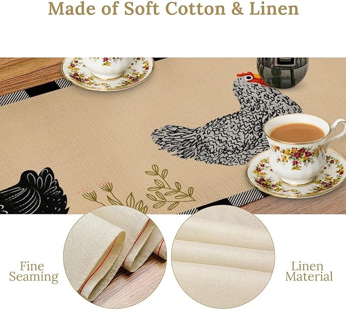 Farmhouse Roosters Chickens Table Runners, Black White Buffalo Plaid Vintage Rustic Animal Table Runner for Wedding Coffee Dining Table Party Home 13x36in