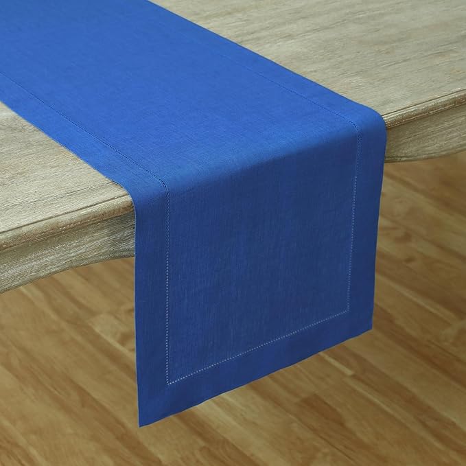 Solino Home Linen Royal Blue Table Runner 108 Inches Long - 100% Pure Linen 14 x 108 Inch Table Runner for Winter, Spring - Classic Hemstitch