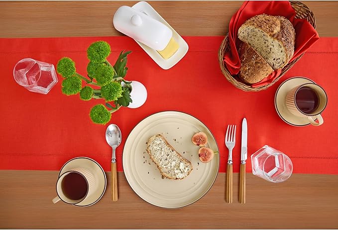 Solino Home Table Runner 108 Inches Long - Cotton Linen Hemstitch Poppy Red Table Runner 14 x 108 Inch for Valentines