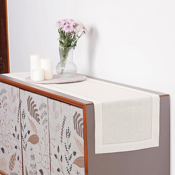 D'Moksha Homes Linen Ivory Table Runner 120 Inches Long - 100% Pure Linen Hemstitch 14 x 120 Inch Table Runner for Dining, Valentines, Spring, Easter - Classic Hemstitch