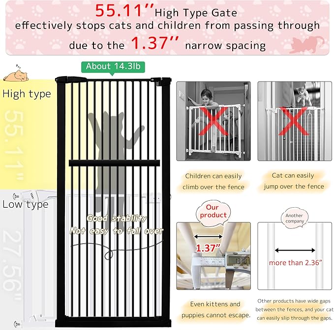 Lumizone Extra Tall Pet Gate 55.12" High Pressure Mounted 59.25"-63.38" Extra Wide (9 Sizes) 1.37" Gap for Cat Dog Stairs Doorway Hallway No Drilling Auto-Close (59.25"-63.38" W, Black)