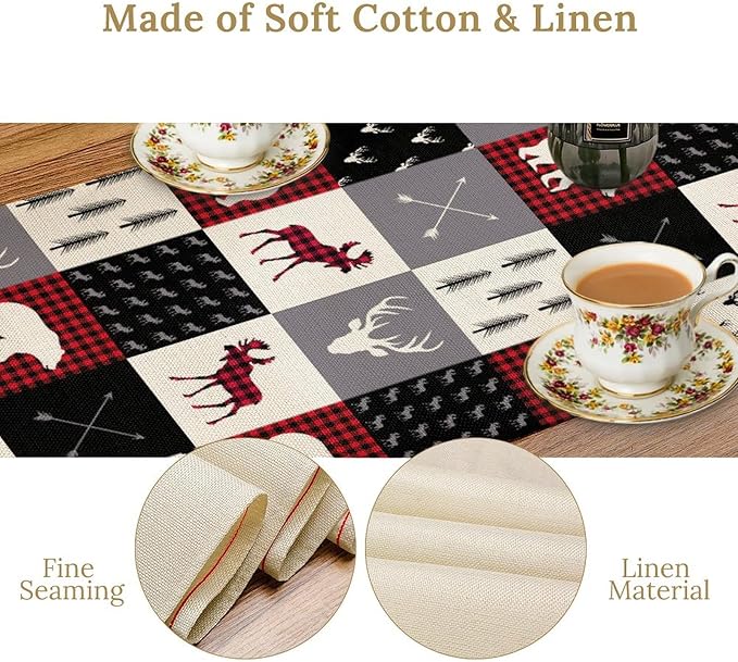 Farmhouse Bear Deer Table Runner, Retro Rustic Village Buffalo Plaid Table Runner for Coffee Table Dining Room Table Bedroom Party Holiday 13x70in