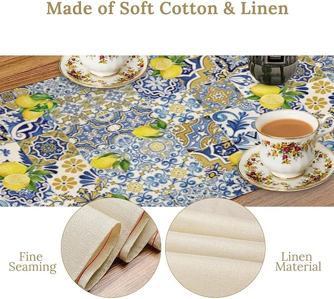 Farmhouse Rustic Lemon Table Runner,Vintage Morocco Blue Tiles Mediterranean Summer Fruit Print Table Runner for Kitchen Dining Table Home Party Decor 13x120in