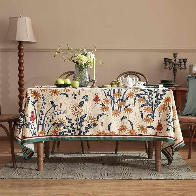 French Vintage Small Square Tablecloth,Linen Tablecloth with Gold and Red Floral Pattern,Decorative Table Cover for Kitchen,Dining,Thanksgiving,Party,Farmhouse,55" × 55"-Tijuana