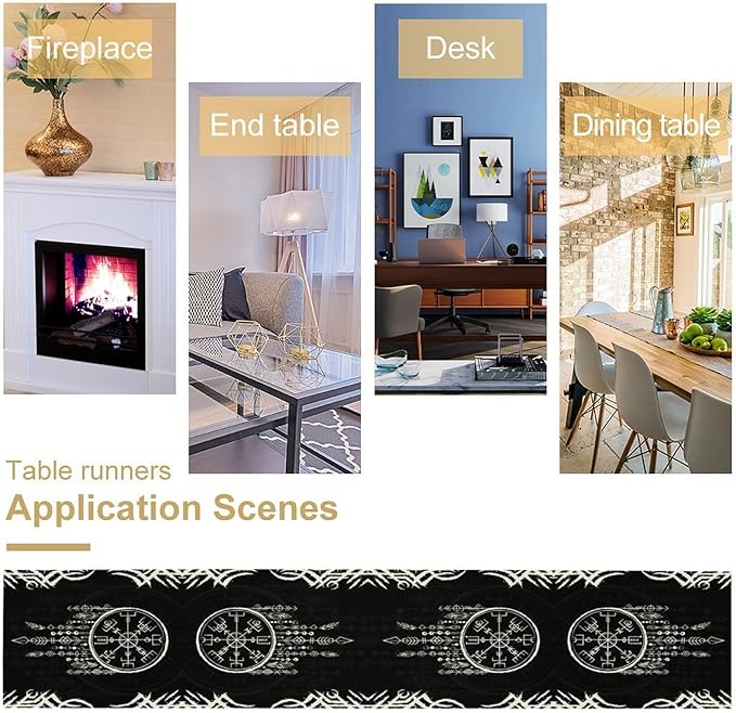 Viking Table Runner, Nordic Ancient Mythical Runes Print Table Runner for Home Dining Kitchen Coffee Table Party 13x90in