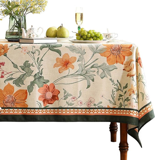 French Long Tablecloth for Rectangle Table,Linen Orange Floral Wrinkle Resistant Tablecloths,Decor Table Cover for Kitchen,Dining,Tea Party,Thanksgiving,Christmas,63"*102"-Milch