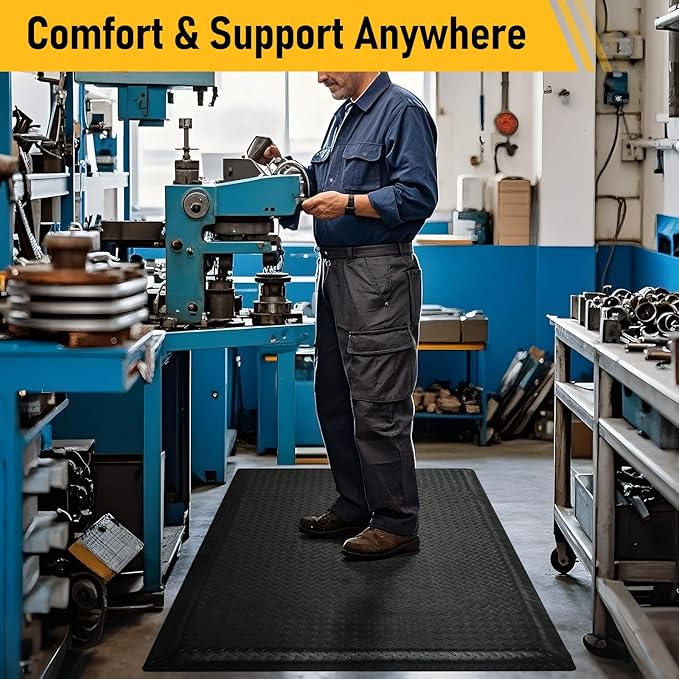 Nisorpa Anti Fatigue Mats Industrial 2' x 7' Ergonomic Standing Mat 15/16" Extra Thick Kitchen Rugs for Standing Heavy Duty Commercial Diamond Plate - Safety Support for Leg & Back Pain, Black