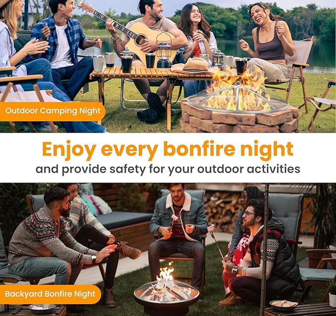 Fire Pit Spark Screen 30 Inch Round, Heavy Duty Stainless Steel Outdoor Fire Pit Screen Cover with Foldable Hook & Marshmallow Sticks, Mesh Spark Protector for Backyard, Camping, Beach