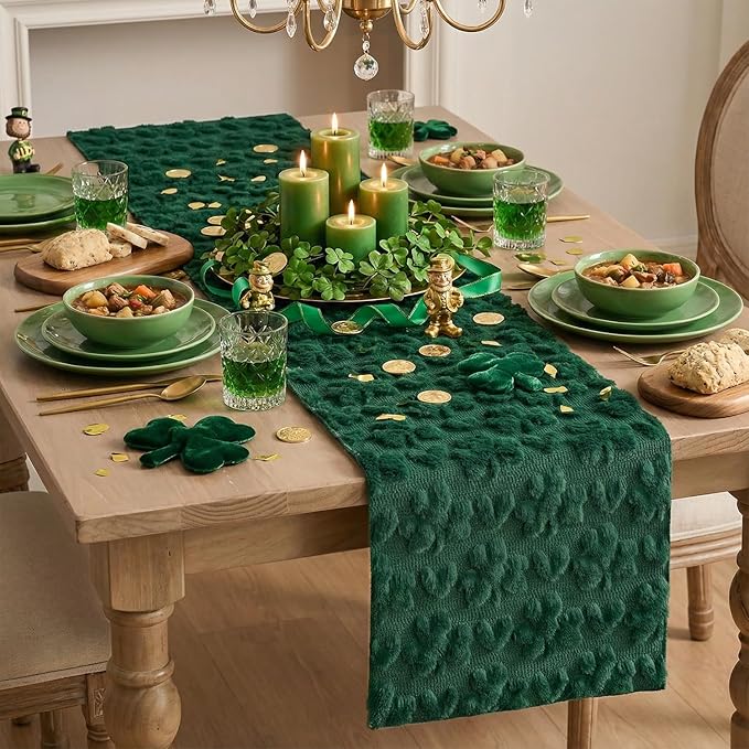 Artoid Mode Green Soft Plush Faux Fur Jacquard Heart Clover St. Patrick's Day Table Runner, Seasonal Kitchen Dining Table Decoration for Home Party Decor 13x90 Inch