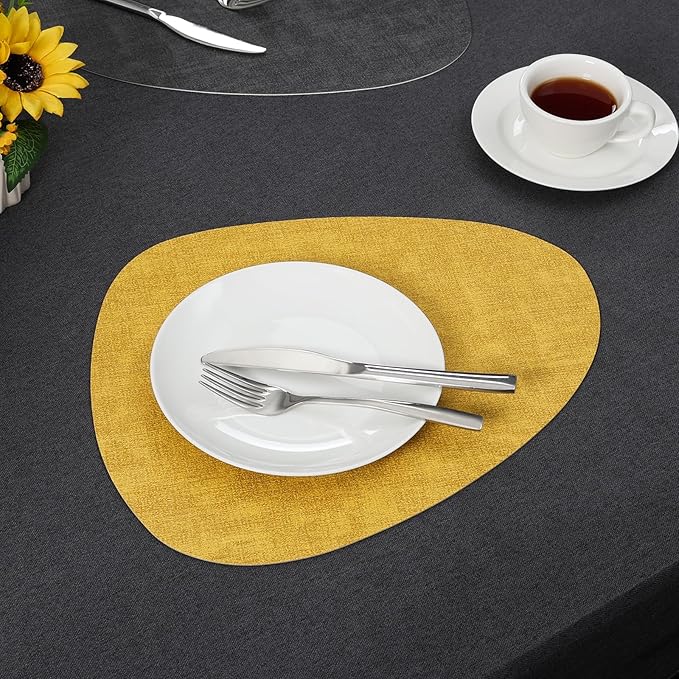 Placemats and Coasters, Washable Reversible Placemats Round Faux Leather Wipeable Place Mats Non Slip Heat Resistant Indoor Outdoor Table Mats (Set of 6, Gray Yellow)