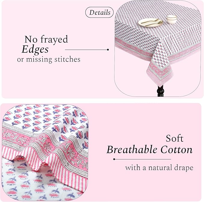 CPC Tablecloth 100% Cotton 60x90 Inch Indian Block Print Rectangle Table Cover, Washable Table Cloth for WeddingsSpring/Summer, Barbeque - Pink Sapphire