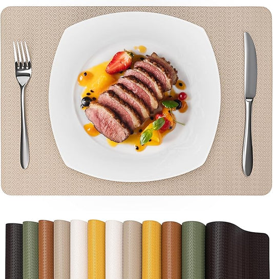 Faux Leather Placemats Set of 4 – 17x12 Inch Vinyl Table Mats, Heat Resistant, Non Slip, Wipeable & Washable, Easy to Clean Dining Table Decor for Kitchen & Dining Room（Light Taupe）
