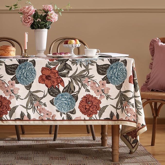 French Linen Tablecloth for Rectangle Table,Red and Blue Floral Durable Extra Long Tablecloths,Home Decor Table Cover for Kitchen,Dining,Thanksgiving,Farmhouse,67" × 118"-Burgundyred