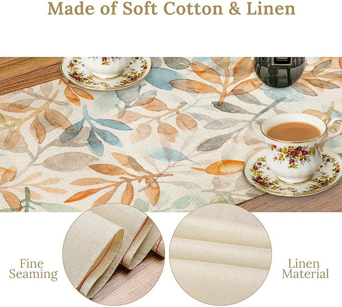 Fall Eucalyptus Leaf Table Runner, Autumn Orange Blue Leaves Harvest Thanksgiving Table Runner for Holiday Dining Room Kitchen Table Party Decoration, 13x70inch