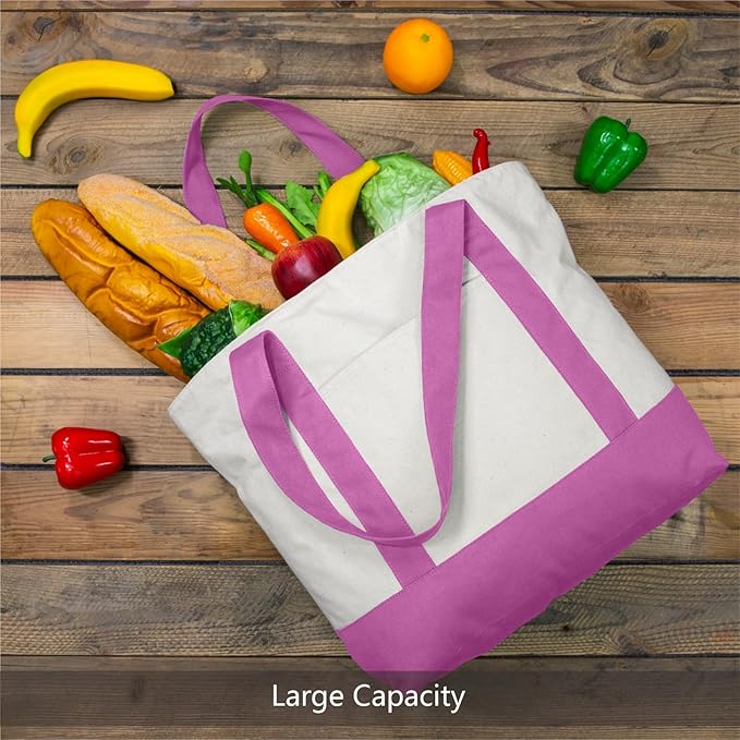 TOPDesign 3-Pack Canvas Tote Bags with an External Pocket, Reusable Grocery Shopping Bags, Top Zipper Closure, Daily Essentials (Light Purple/Natural)