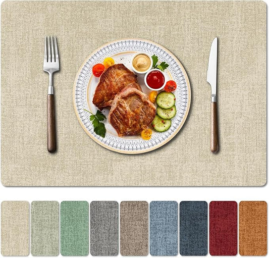 Faux Leather Heat Resistant Placemats Set of 6 – Waterproof Oilproof Wipeable Dining PU Vinyl Place Mat Easy Clean Table Mats for Kitchen/Dining/Party/Holiday, Beige