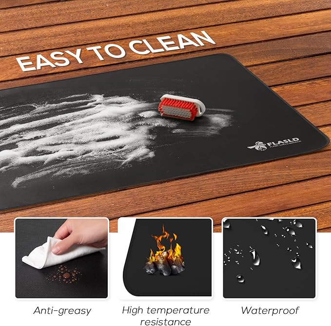 FLASLD 36 x 48 inches Under The Grill Protective Deck and Patio Mat, Fireproof Fireplace Mats to Protect Floor and Deck, Waterproof and Oil-proof Pad Protector for Grass Lawn, Black