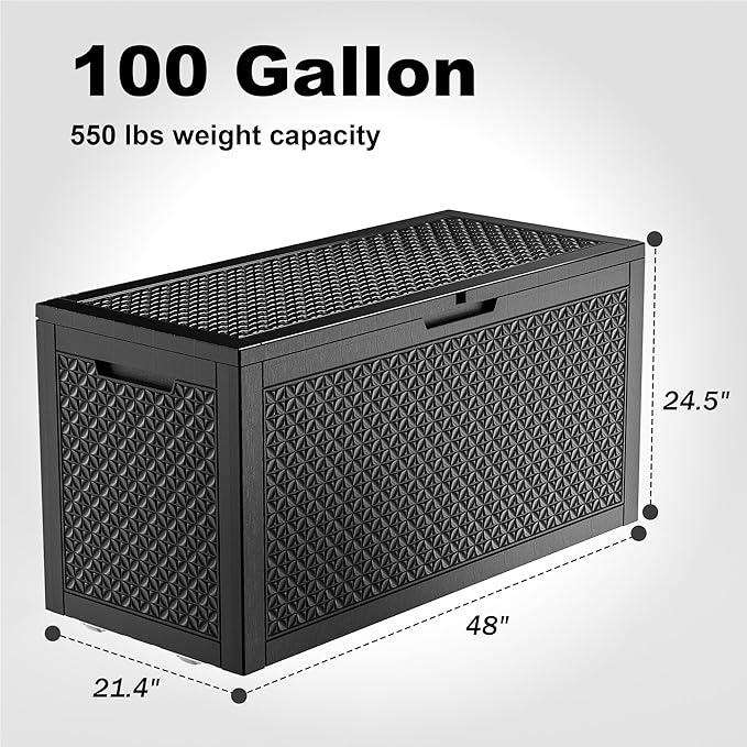 New 100 Gallon Outdoor Storage Box – Resin Deck Box with Lockable Lid, Waterproof Patio Furniture Storage for Tools, Garden & Yard Organization (Black)