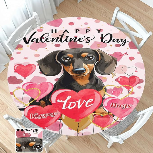 Valentines Day Round Fitted Tablecloth with Elastic Pink Love Heart Dog Circle Table Cloth for 48-52" Tables Wipeable Waterproof Washable Valentine Puppy Table Cover for Picnic Dining Party Decor