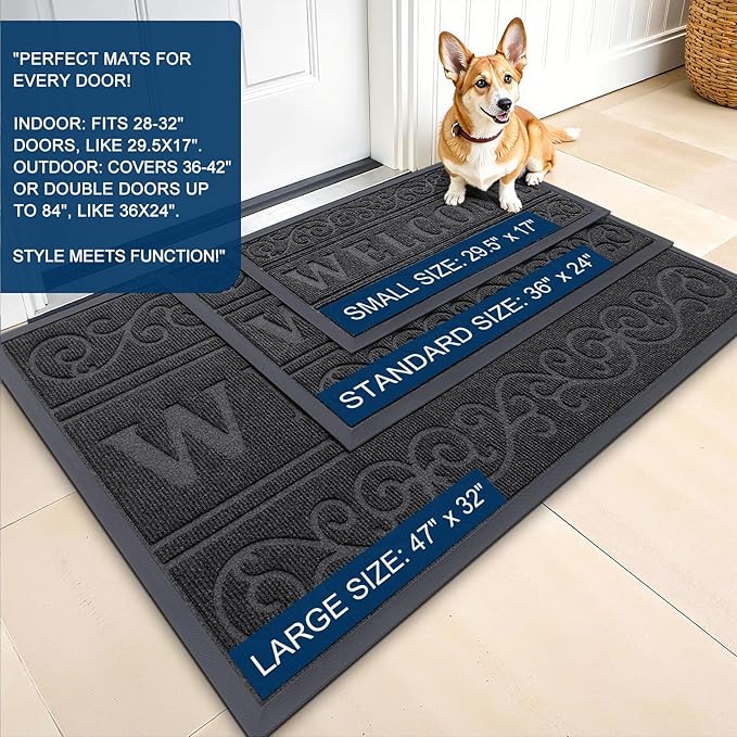 OLANLY Welcome Door Mat Indoor Outdoor Entrance, Heavy Duty Sturdy Front Door Mat, Waterproof All-Weather Doormat, Stain Resistant, Low Profile, Easy Clean Patio Entryway Mat, 47 x 24, Black