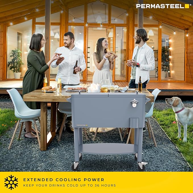 Permasteel 80 Quart Party Cooler, Rolling Ice Chest with Wheels and Handles for Indoor Outdoor Patio